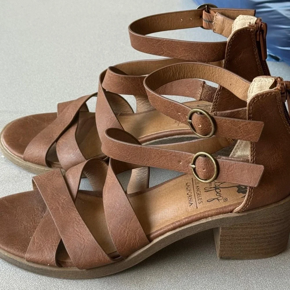 Jellypop Brown Strappy Block Heel Sandals, Multi-Strap, Dual Ankle Buckles W 7M